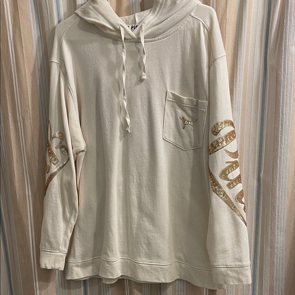 PINK Victoria's Secret Cream Hoodie with Gold Sequins. Worn 3 Times. - Picture 9 of 11